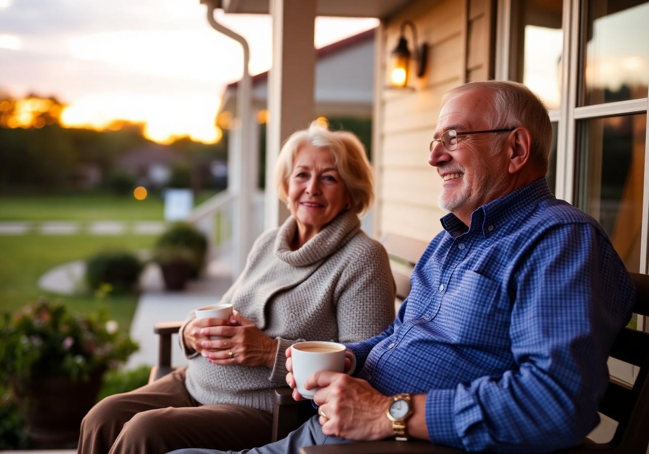 Retired couple enjoying coffee on a sunset porch