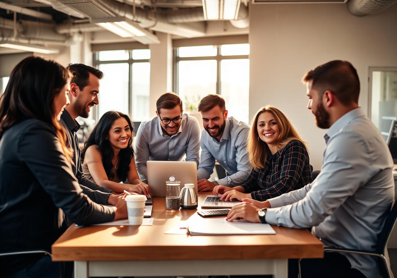 Team of employees collaborating in a modern office