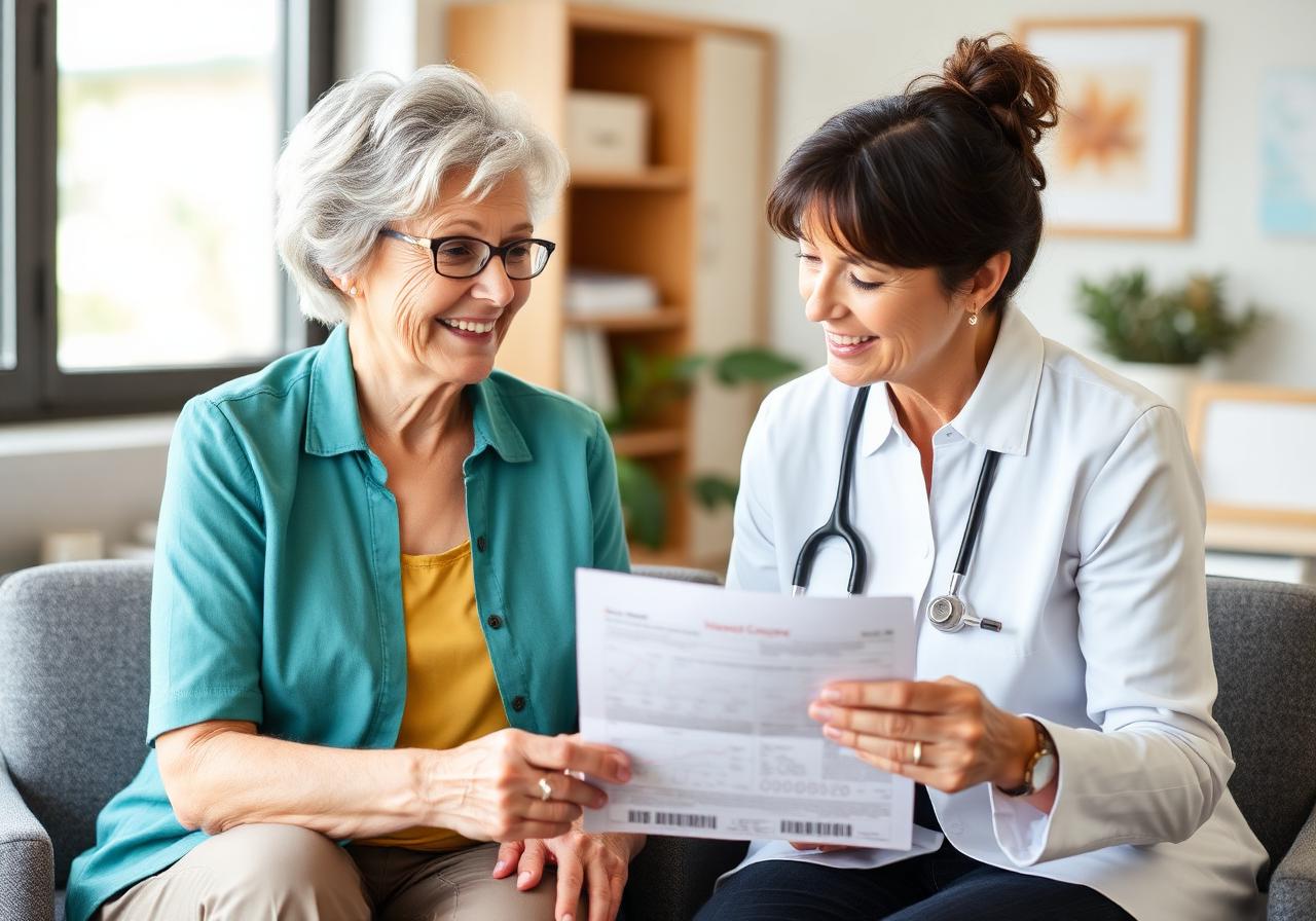 Senior woman reviewing Medicare options with a healthcare advisor