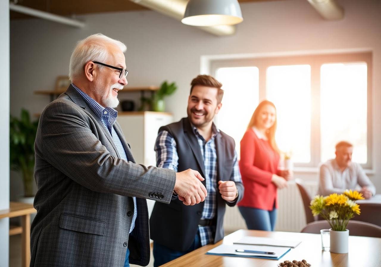 Family business owners shaking hands across generations